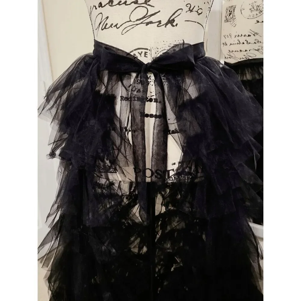 🖤 NEW Goth Tier Layered Tulle Mesh Petticoat Train Wrap Hi-Lo Black Open Skirt